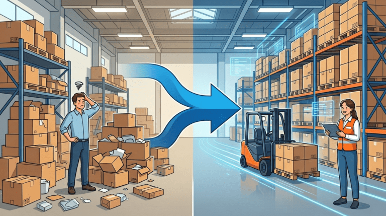 혼자 물류 관리하는 모습과 전문 3pl업체의 관리 모습이 비교되는 장면