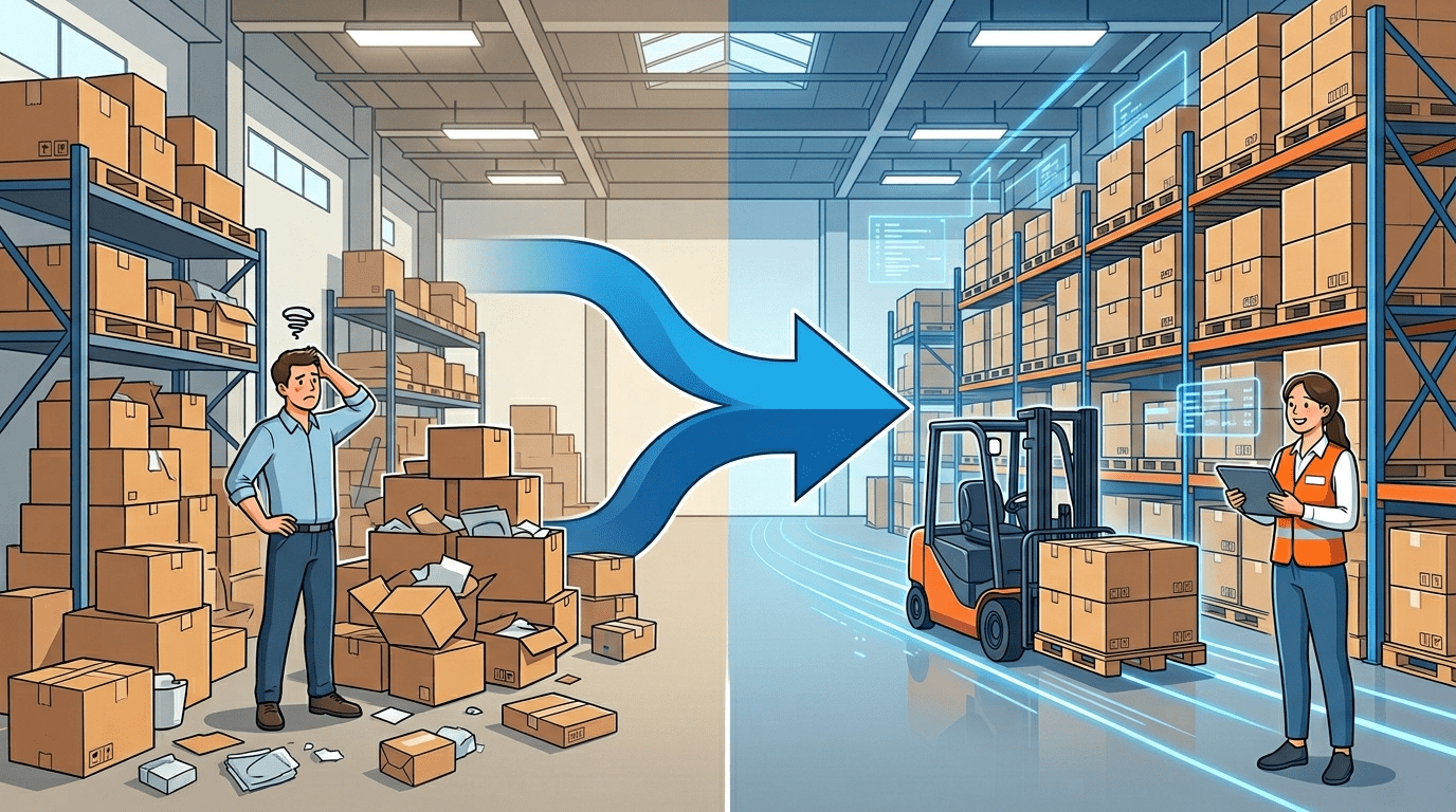 혼자 물류 관리하는 모습과 전문 3pl업체의 관리 모습이 비교되는 장면