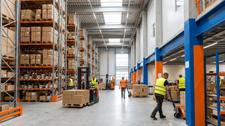 물류창고 안에서 사람들이 분주히 작업을 하는 모습