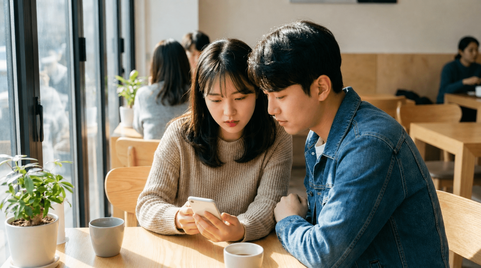스마트폰으로 온라인 쇼핑을 하고 있는 커플의 모습