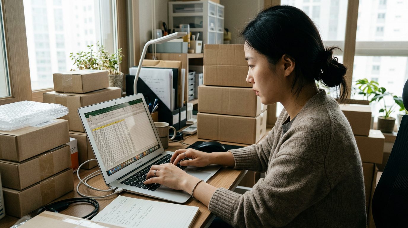 온라인 셀러가 엑셀로 재고 관리를 하고 있는 장면